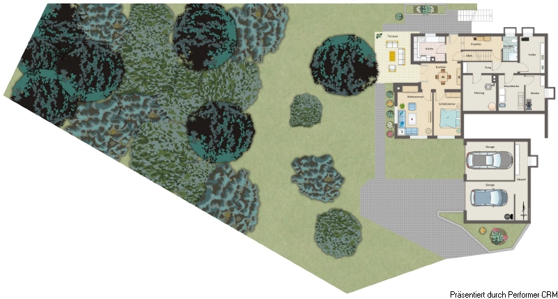 Grundriss Hanggeschoss mit Garten und Wald